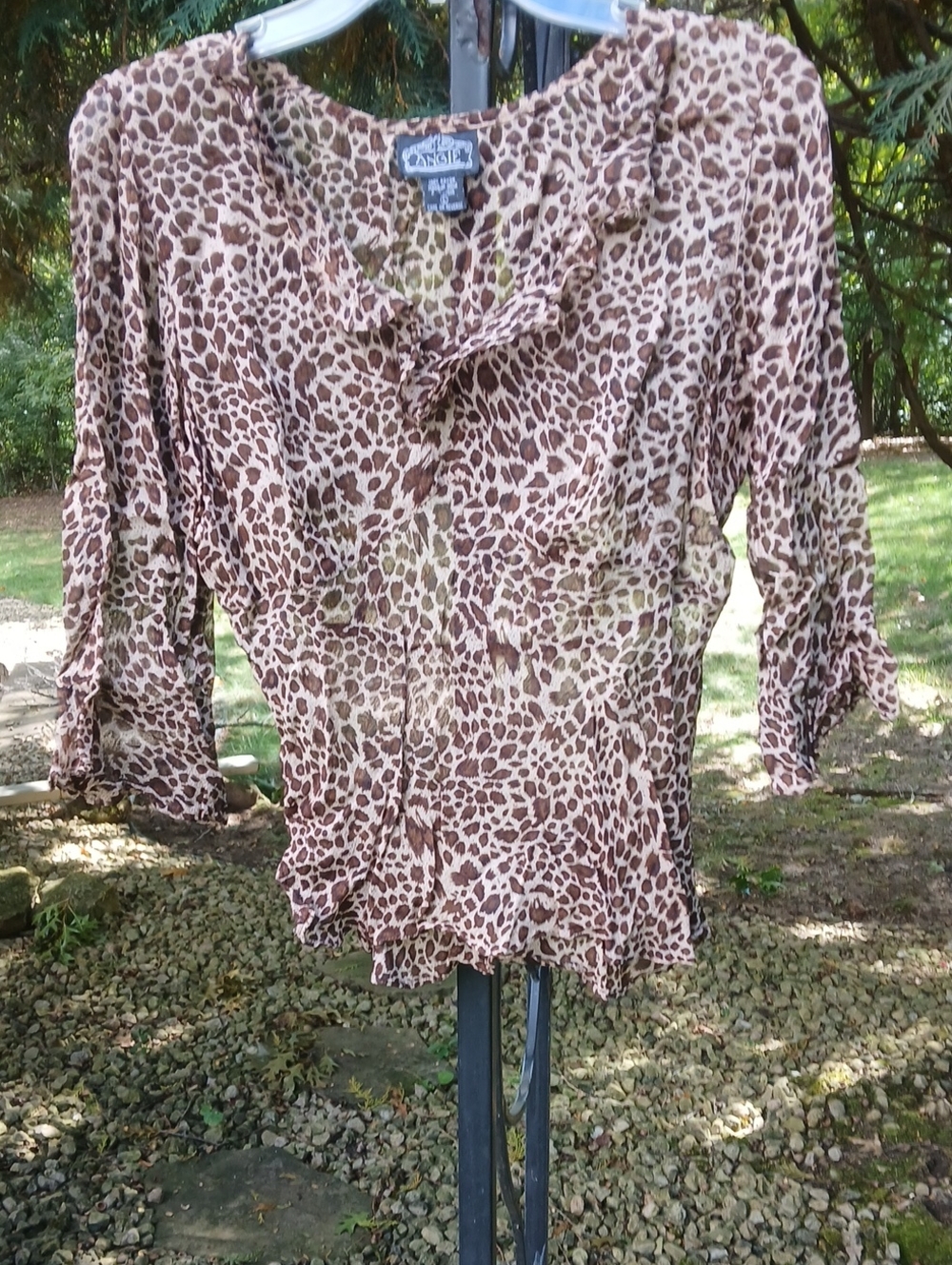 Angie leopard print rayon top, Sz L. 90s Y2K Bohemian